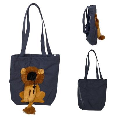 Bolsa de Transporte para Pets Estampa Leão Náilon Cinza com Alça de Ombro