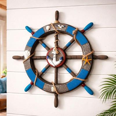 Timão Leme Decorativo Náutico de Parede em MDF Azul 45cm