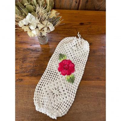 Puxa Saco Crochê Artesanal Algodão Aplicação Flores 40x18cm Vermelho