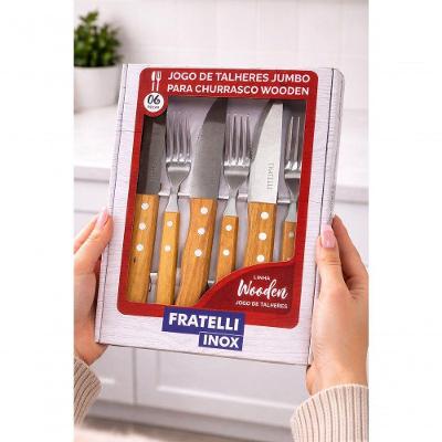 Conjunto de Talheres Jumbo New Caprese Aço Inox e Madeira 6 Peças Fratelli