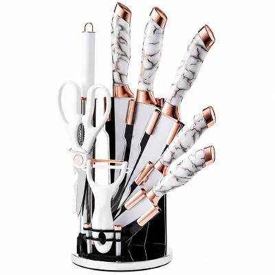 Kit de Facas Marmorizado Rose Gold 9 Peças Aço Inoxidável Suporte Giratório Cheguei BR