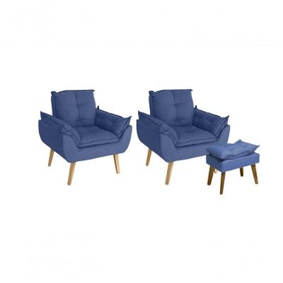 Kit Poltrona Decorativa e Puff Glamour Suede Azul Marinho SMF Decor