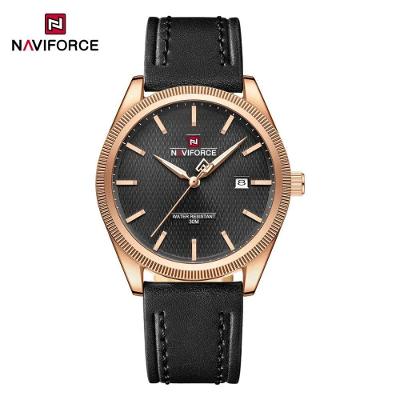 Relógio Masculino Analógico Couro PU 3ATM Preto Dourado Naviforce