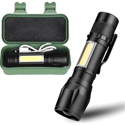 Lanterna Tática LED Recarregável USB Zoom Ajustável 3 Modos Preta