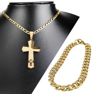 Cordão Aço Banhado Ouro + Corrente Banhada Ouro + Pingente Cruz Pai Nosso Oração