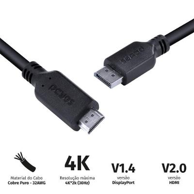 Cabo Displayport para Hdmi 2.0 2m 4K 30Hz Conectores Macho em Cobre Puro Vinik