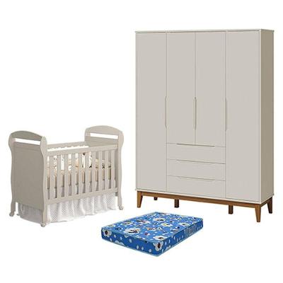 Kit Berço Americano Danny com Guarda Roupa 4 Portas 3 Gavetas MDF Areia Acetinado Amadeirado Reller