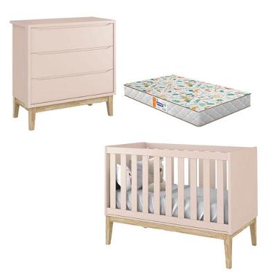 Berço Americano E Cômoda Gaveteiro New Classic Rosa Com Pés Madeira Natural E Colchão Gazin - Reller
