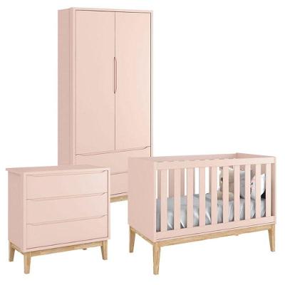 Quarto De Bebê Classic 2 Portas Rosa Com Pés Madeira Natural - Reller