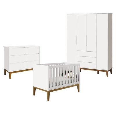 Berço Americano New Classic Com Cômoda Classic E Guarda Roupa Classic Elfe Branco Acetinado Com Pés Madeira - Reller