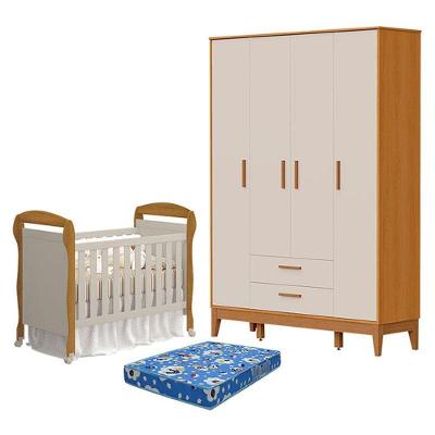 Berço Americano Danny Com Colchão Ortobom E Guarda Roupa 4 Portas Flip Areia Savana Acetinado - Reller