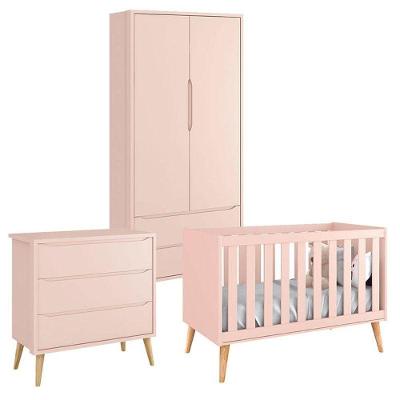 Quarto De Bebê Theo 2 Portas Rosa Com Pés Madeira Natural - Reller