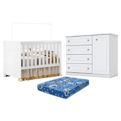 Berço Americano Katatau Branco Acetinado - Reller E Cômoda Infantil Americano Branco Hp E Colchão Tendtudo - Henn