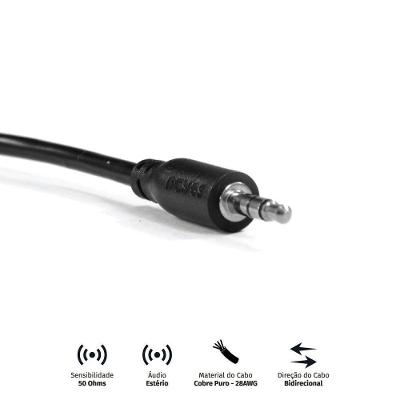 Cabo de Áudio Pcyes P35m-06 P2 3.5mm Macho para Fêmea 28AWG 60cm Bivolt Preto