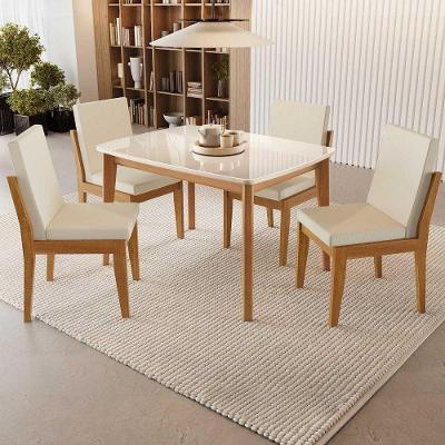 Conjunto Condessa 4 Lugares Tampo em Vidro com Estrutura Eucalipto Off White 120X90CM Nesher Móveis