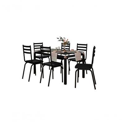 Conjunto de Jantar 118 Sf 6 Lugares Tampo em Vidro com Cadeiras em Couro Sintético Preto 140CM Combo