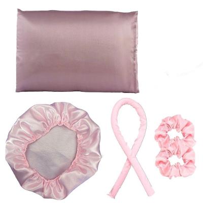 Kit Touca de Cetim e Modelador de Cachos com Fronha Anti Frizz e 2 Scrunchies Rosa OEM
