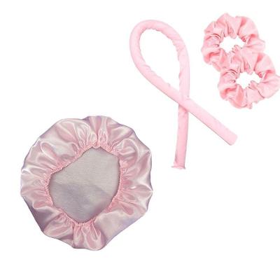 Kit Touca Cetim Anti Frizz e Modelador Curling Rod para Cachos Rosa OEM