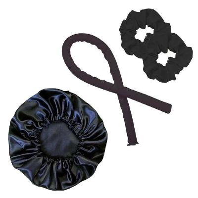 Kit Touca de Cetim e Modelador Curling Rod Anti Frizz com Fronha Preto e Rosa OEM