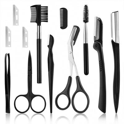Kit Aparador de Sobrancelha Kit11pcs de a com Navalhas Tesouras Pincéis Pente e Estojo PVC OEM
