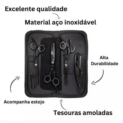 Kit 3 Tesouras Profissionais Fio Navalha e Desfiadeira com Modelo Curvo para Cabelo Preto OEM
