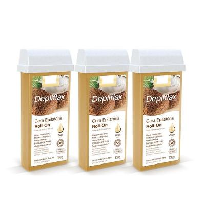 Kit 3 Cera Depilatória Roll On Quente Coco 100G com Óleo de Coco Transparente Depilflax