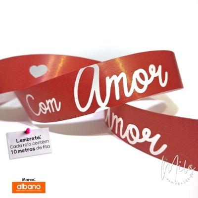 Fita Decorada para Laço com Amor Vermelha em Polietileno 32mm X 10m Rolo Fracionado OEM
