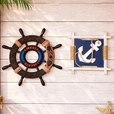 Kit Quadro Decorativo Náutico Timão e Peça Quadrada 27x27cm Branco Marrom Azul