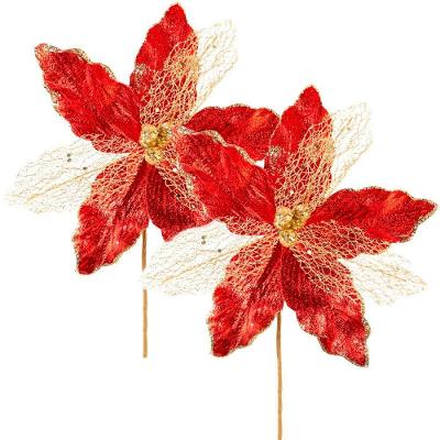 Kit 8 Flores Artificiais Arranjo Decorativo com Glitter Dourado Vermelho para Enfeite de Natal 29cm