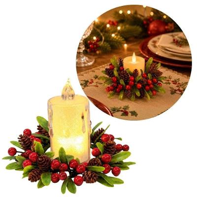 Porta Velas Decorado Natalino com Folhagens Pinhas e Vela LED Branco Quente Verde Yangzi