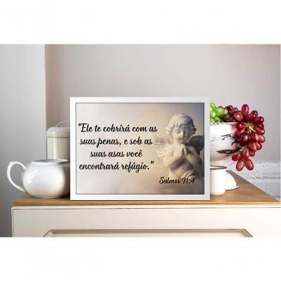 Quadro Decorativo Religioso Salmo 91:4 Retangular 70x50CM Branco