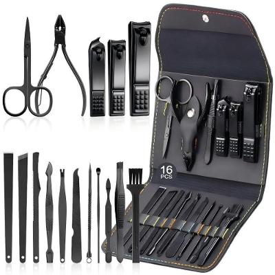 Kit para Manicure e Pedicure 16 Peças em Aço Inoxidável com Estojo Tecido Couro PU Azul Cinza Preto
