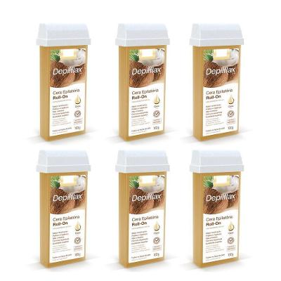 Kit 6 Cera Refil Depilação Roll On Quente Coco 100G com Óleo de Coco Hidratante Transparente