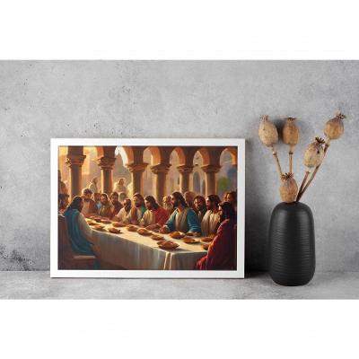 Quadro Religioso Santa Ceia Retangular 30X40 para Decoração de Parede Branco