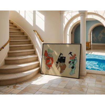 Quadro Decorativo Três Gueixas, um Só Coração Retangular 60 X 90 Preto