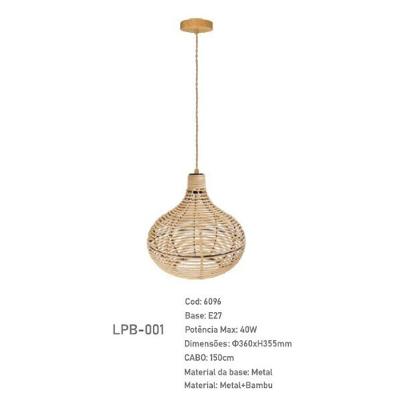 Pendente Bambu para 1 Lâmpada E27 LPB-001 6096 para Sala Quarto e Varanda Gourmet Nitrolux