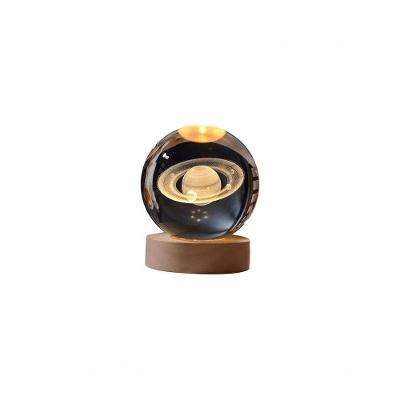Luminária Abajur Saturno Esfera de Vidro 3D LED Planetário com USB e Base de Madeira Apex