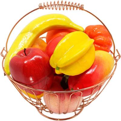 Kit Fruteira Redonda Decorativa com 12 Frutas Artificiais em Isopor em Aço Inox Rosê para Mesa