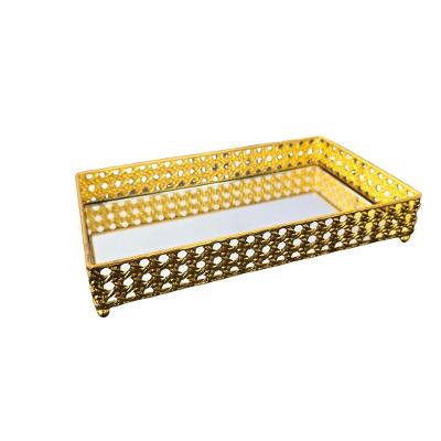 Bandeja Retangular Metal Fundo Espelhado para Organização com Veludo Dourado Braswu