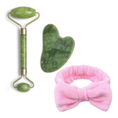 Rolo de Jade e Placa Gua Sha para Massagem Facial Anti Rugas Verde OEM