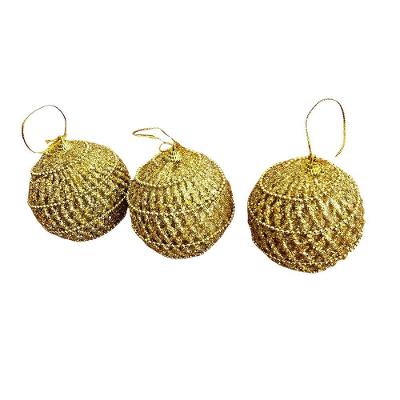 Bolas Decorativas de Natal Jogo Relevo com Fio Ouro 3 Pçs 8CM Dourado Bella Flor