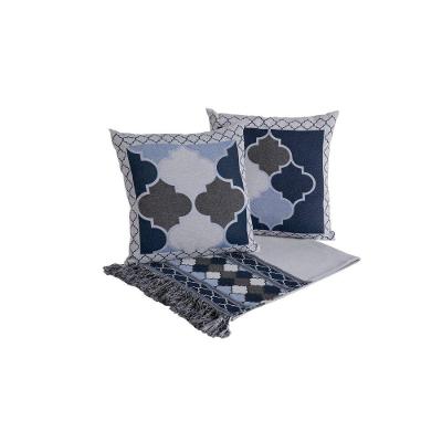 Kit Xale para Sofá Grécia 5 Peças com Franjas Jacquard Azul Valle Distribuidora