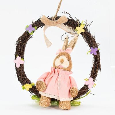 Guirlanda de Páscoa Coelha em Palha 28CM Enfeite Decorativo com Coelhinha em Pelúcia Bege