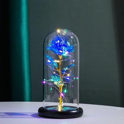 Luminária Decorativa Rosa Artificial com Cúpula de Vidro e Luzes LED Azul a Pilha AAA