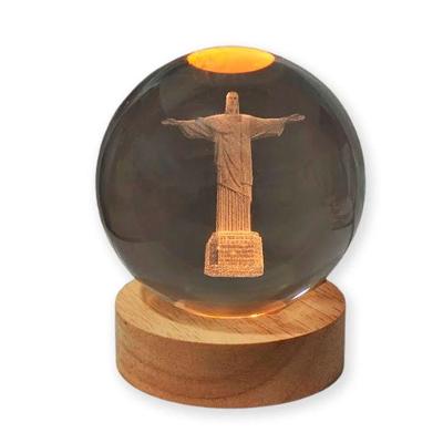 Luminária Abajur USB Cristo Redentor Esfera de Vidro 3D LED Planetário Transparente Apex