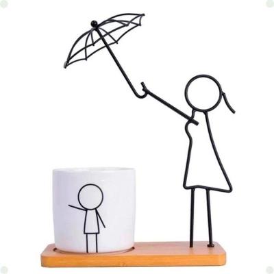 Vaso para Plantas Família Cerâmica e Bambu Retangular 19,8CM X 9,8CM X 27CM com Suporte Branco