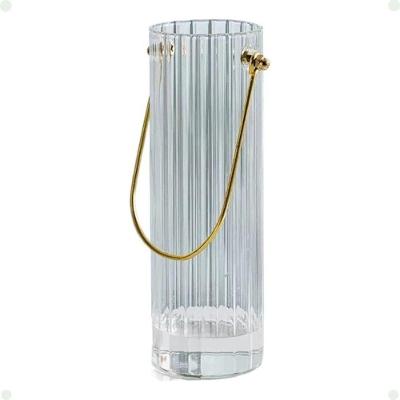 Vaso Decorativo de Vidro Estriado com Alça Dourada 600ML Cilíndrico Transparente Moment