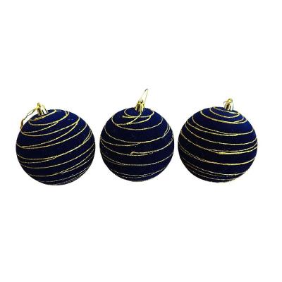 Bolas Decorativas de Natal Jogo Bolas Veludo Azul - Fio Ouro 3 Pçs com Listras Douradas Azul Bella