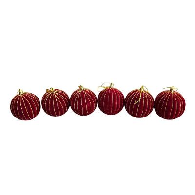 Bolas Decorativas de Natal Jogo Bolas Veludo Bordo - Listas Ouro 6 Unid. com Listras Douradas Bordô