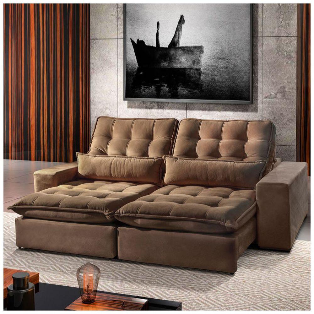 Sofá 3 Lugares Retrátil Bruna 2,30m Veludo - Móveis Mix Marrom Havana - 1